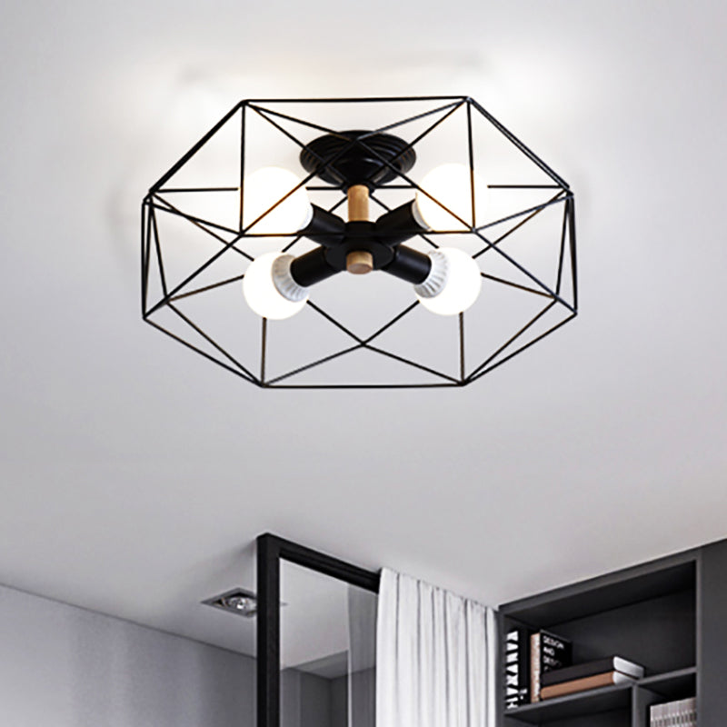 Caged Opal Glass Semi Mount Lighting Industrial 3/4/5 Bulb Living Room Ceiling Light in Black/White