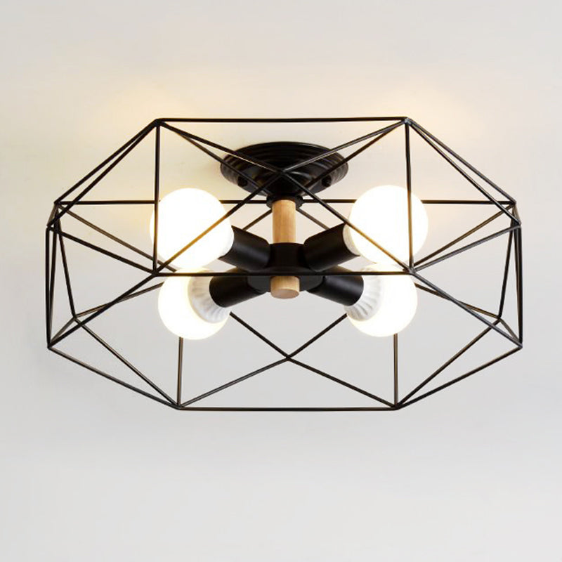 Caged Opal Glass Semi Mount Lighting Industrial 3/4/5 Bulb Living Room Ceiling Light in Black/White