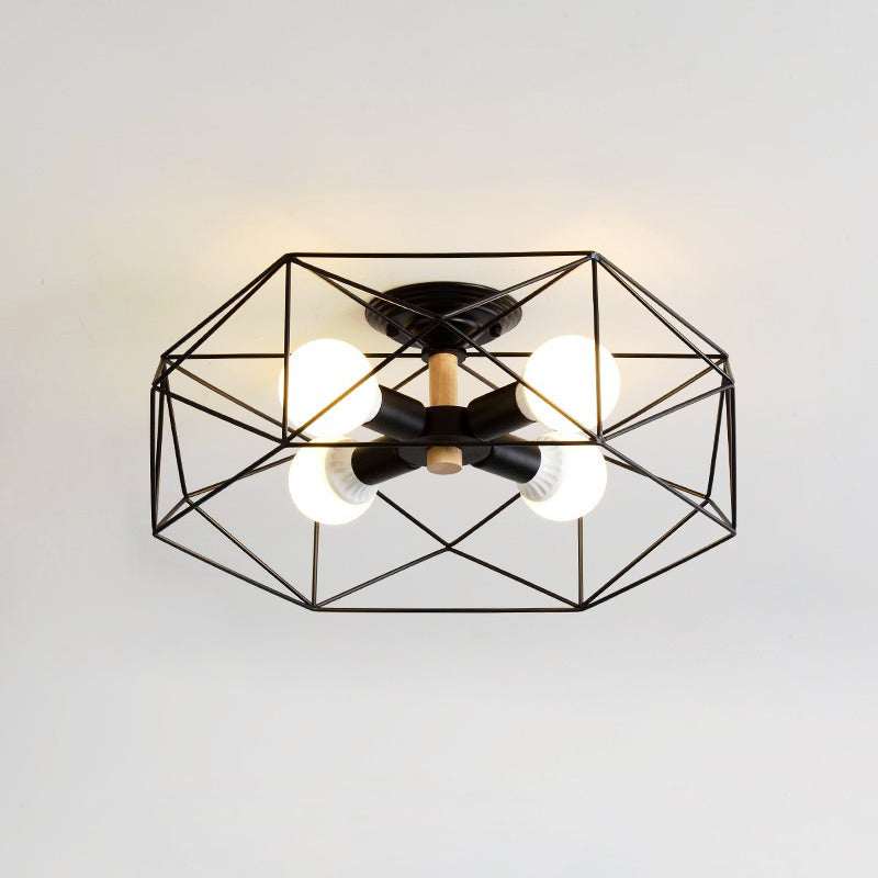 Caged Opal Glass Semi Mount Lighting Industrial 3/4/5 Bulb Living Room Ceiling Light in Black/White