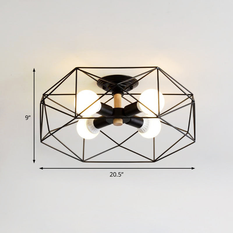 Caged Opal Glass Semi Mount Lighting Industrial 3/4/5 Bulb Living Room Ceiling Light in Black/White