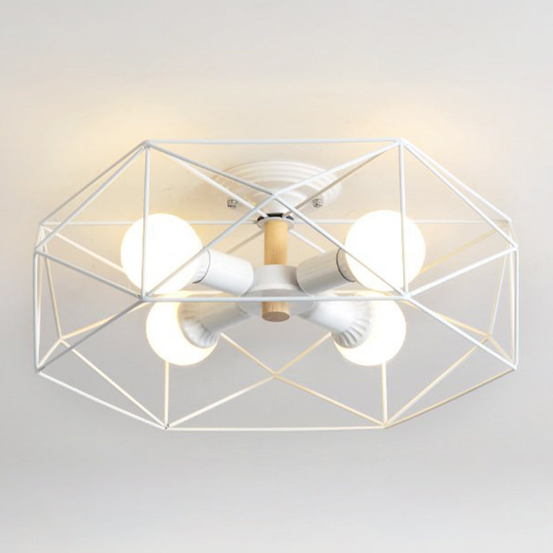Caged Opal Glass Semi Mount Lighting Industrial 3/4/5 Bulb Living Room Ceiling Light in Black/White