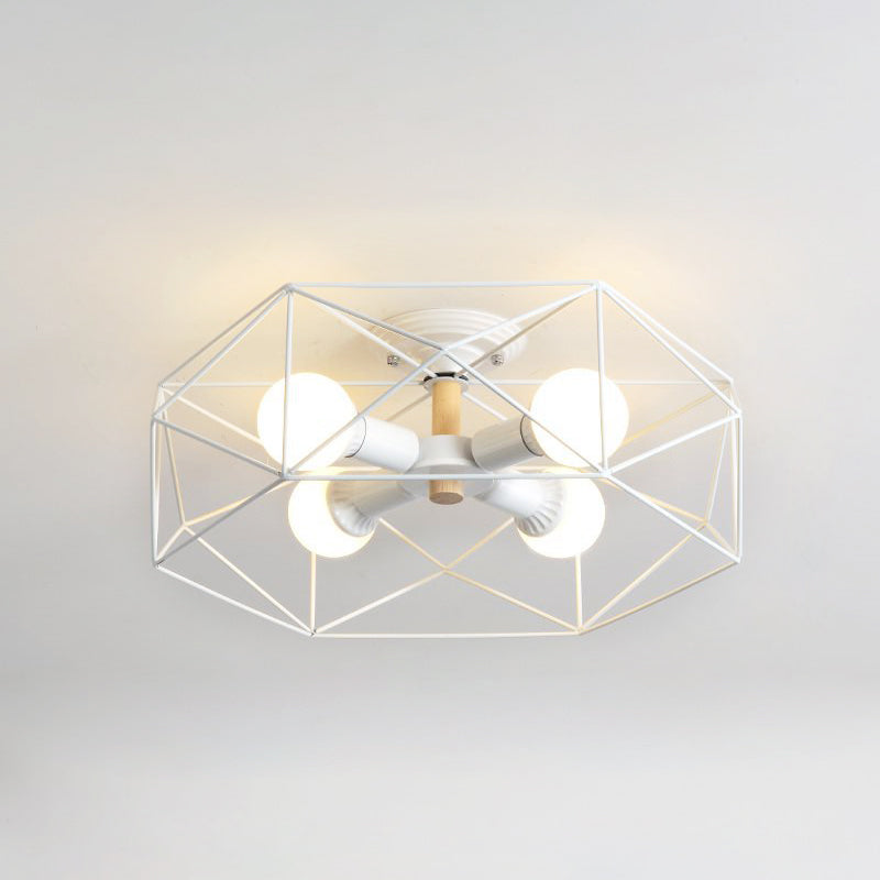 Caged Opal Glass Semi Mount Lighting Industrial 3/4/5 Bulb Living Room Ceiling Light in Black/White
