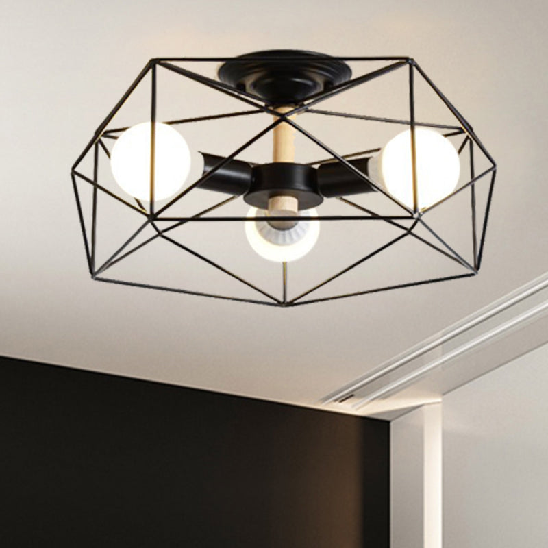Caged Opal Glass Semi Mount Lighting Industrial 3/4/5 Bulb Living Room Ceiling Light in Black/White