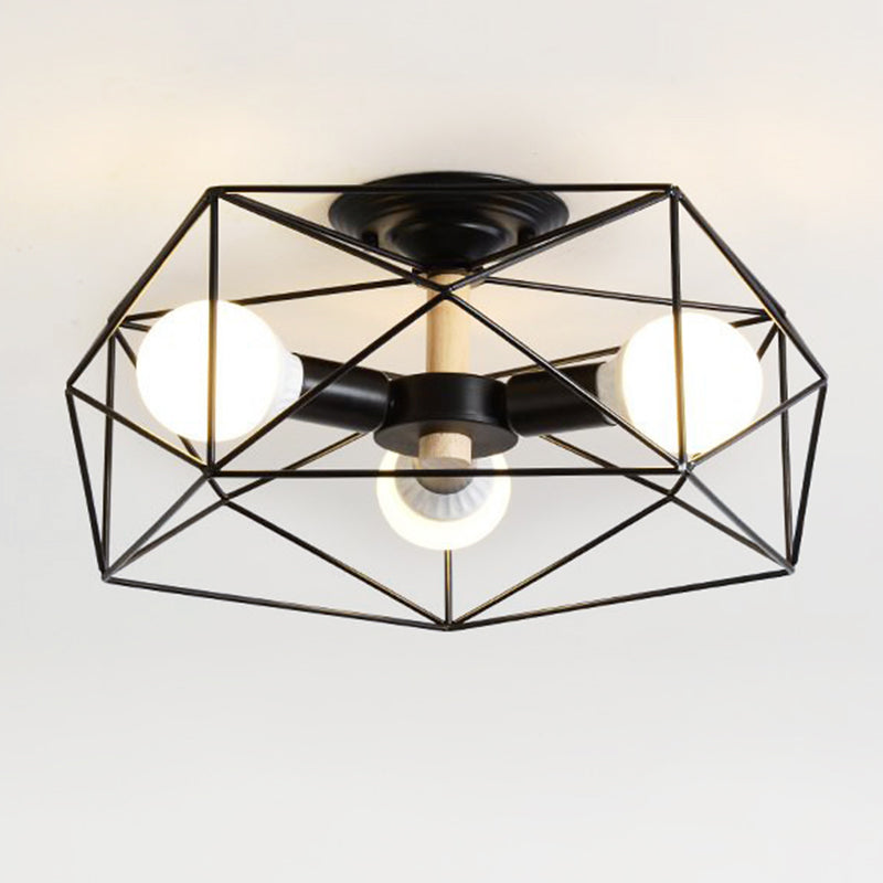 Caged Opal Glass Semi Mount Lighting Industrial 3/4/5 Bulb Living Room Ceiling Light in Black/White