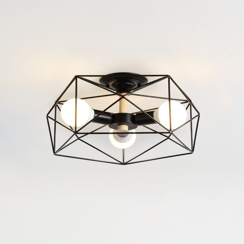 Caged Opal Glass Semi Mount Lighting Industrial 3/4/5 Bulb Living Room Ceiling Light in Black/White