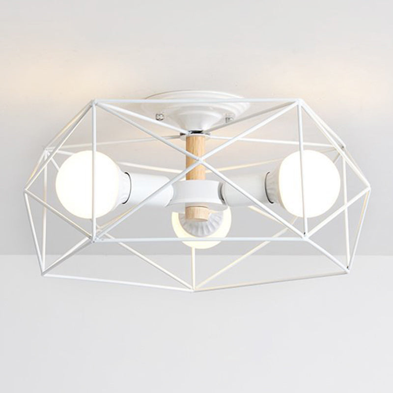 Caged Opal Glass Semi Mount Lighting Industrial 3/4/5 Bulb Living Room Ceiling Light in Black/White