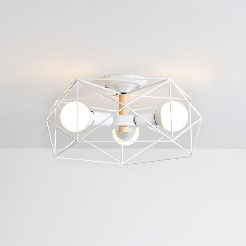Caged Opal Glass Semi Mount Lighting Industrial 3/4/5 Bulb Living Room Ceiling Light in Black/White
