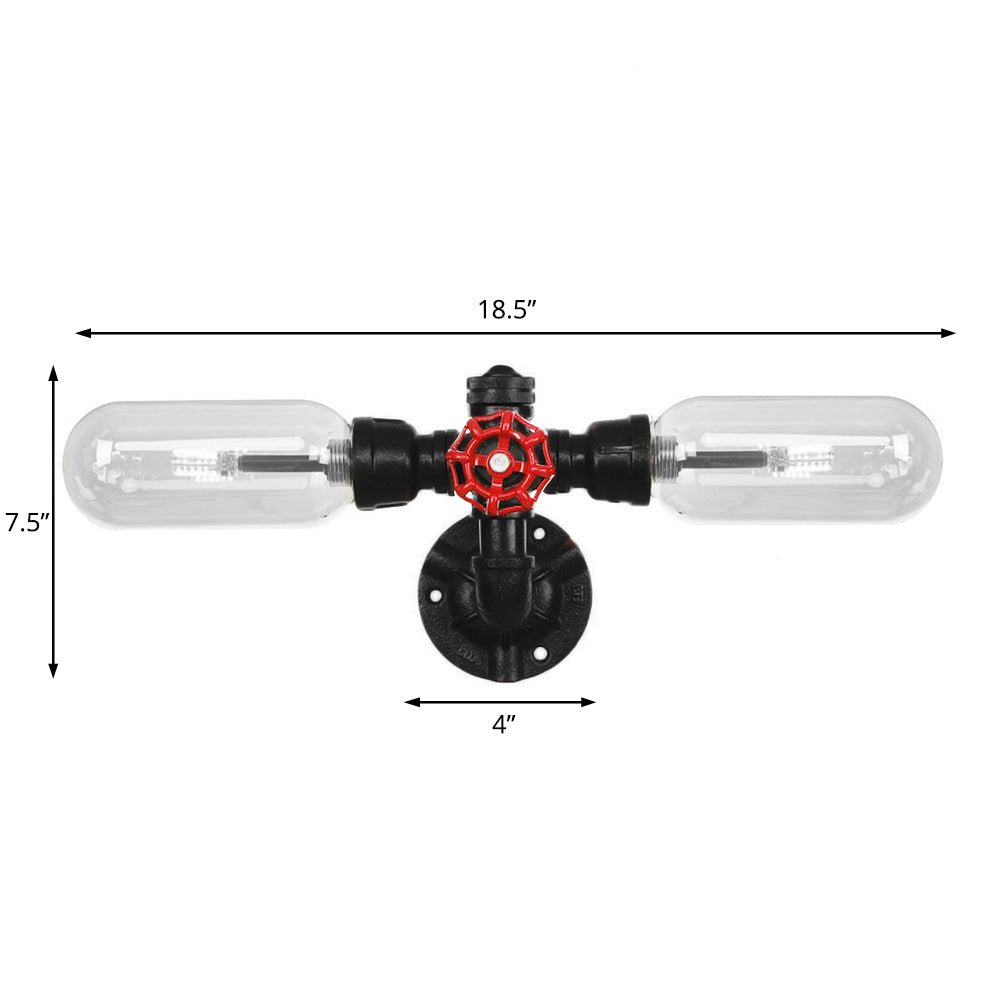 Clear Glass Black Sconce Light Capsule Shade 2/4 Light Industrial Wall Mounted Pipe Lighting