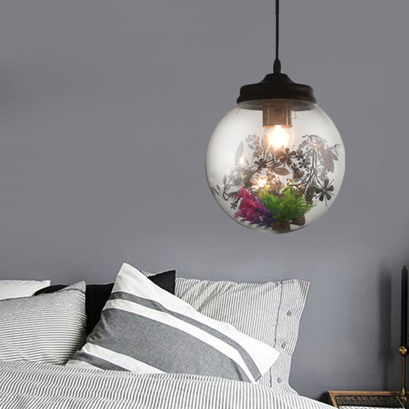 Contemporary 1 Light Hanging Lamp with Clear Glass Shade and Plant Decoration Cylinder/Oval/Globe Pendant Lamp, 6.5"/8"/10.5" Wide