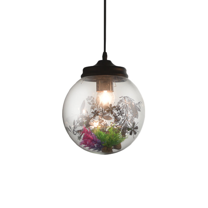 Contemporary 1 Light Hanging Lamp with Clear Glass Shade and Plant Decoration Cylinder/Oval/Globe Pendant Lamp, 6.5"/8"/10.5" Wide