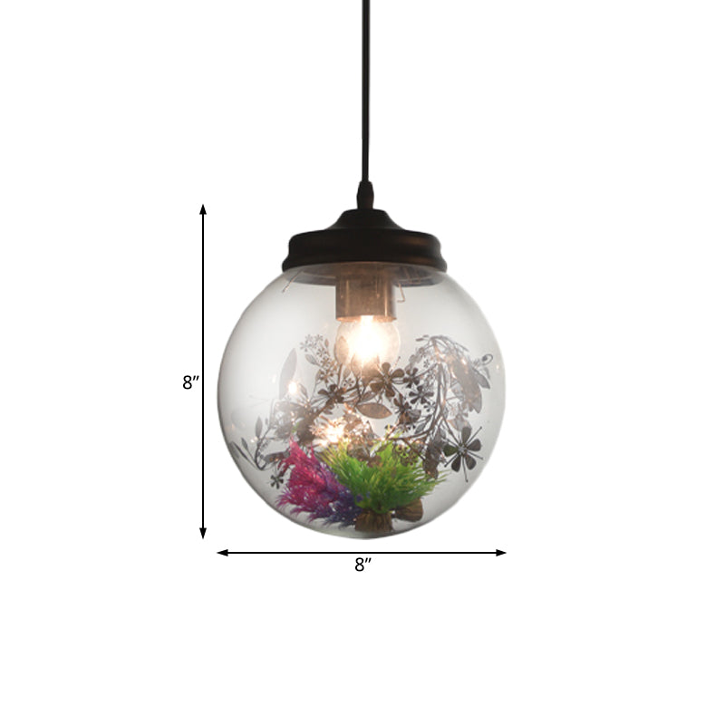 Contemporary 1 Light Hanging Lamp with Clear Glass Shade and Plant Decoration Cylinder/Oval/Globe Pendant Lamp, 6.5"/8"/10.5" Wide