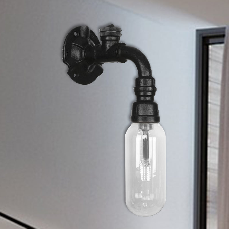 Black Capsule Shade Sconce Light Industrial Clear Glass 1 Light Corridor Wall Mount Lighting with Pipe Design
