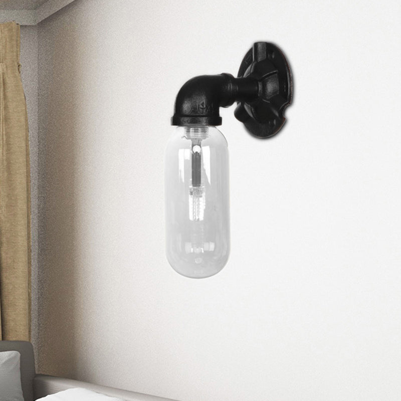 Black Capsule Shade Sconce Light Industrial Clear Glass 1 Light Corridor Wall Mount Lighting with Pipe Design