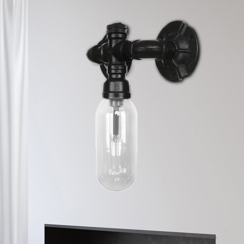 Black Capsule Shade Sconce Light Industrial Clear Glass 1 Light Corridor Wall Mount Lighting with Pipe Design