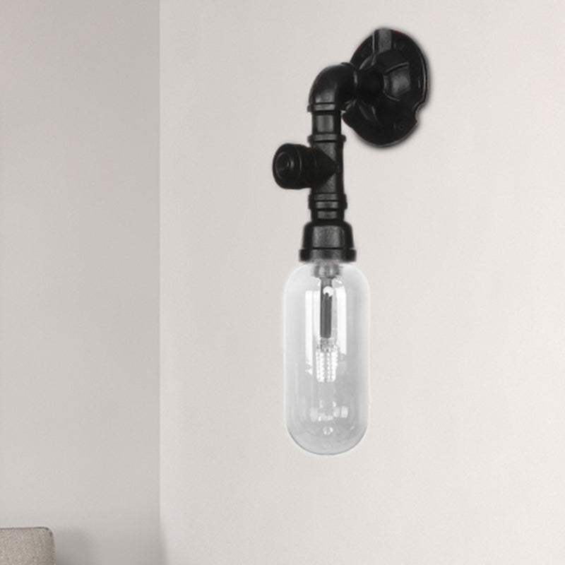 Industrial Capsule Shade Sconce Light Fixture Single Bulb Clear Glass Wall Mounted Pipe Light in Black