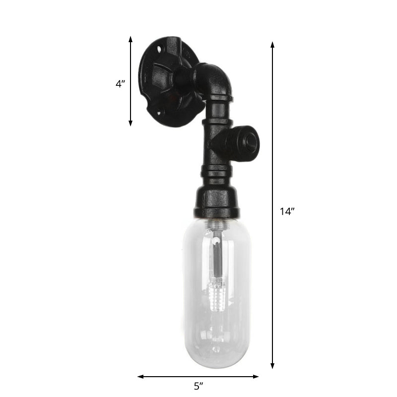 Industrial Capsule Shade Sconce Light Fixture Single Bulb Clear Glass Wall Mounted Pipe Light in Black