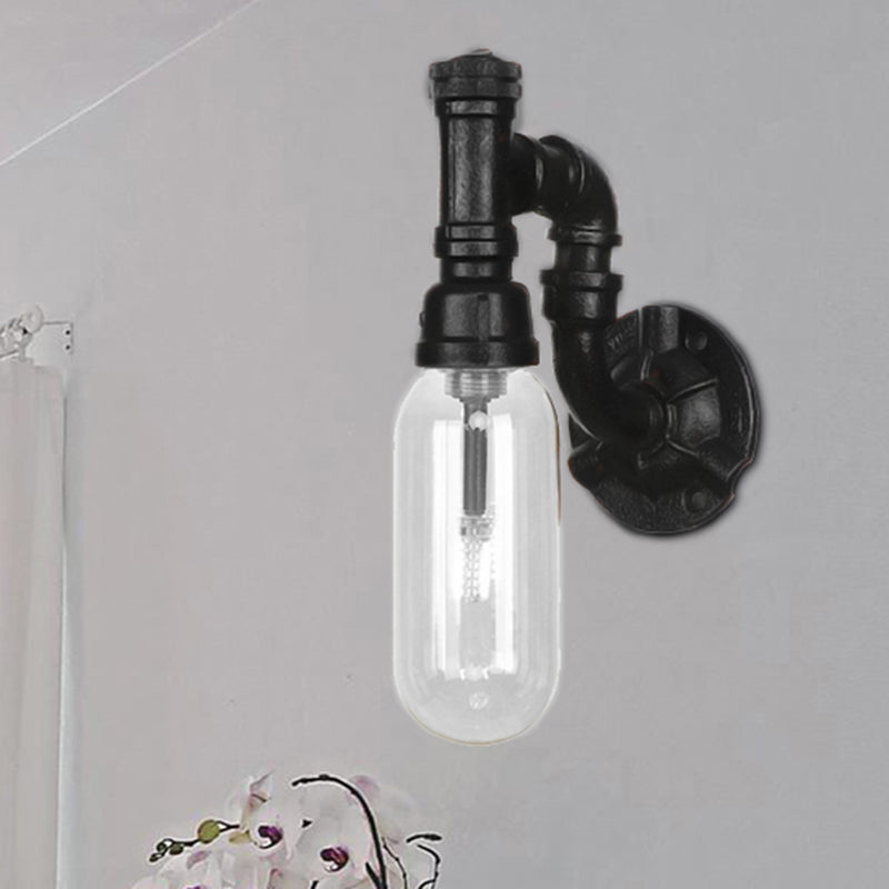 Industrial Capsule Shade Sconce Light Fixture Single Bulb Clear Glass Wall Mounted Pipe Light in Black