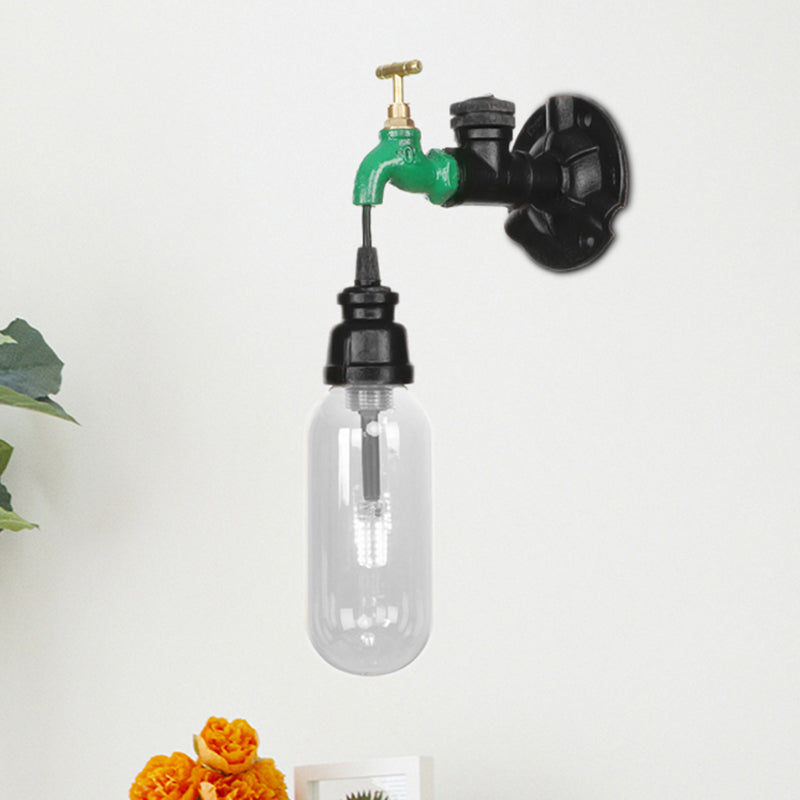 Industrial Capsule Shade Sconce Light Fixture Single Bulb Clear Glass Wall Mounted Pipe Light in Black