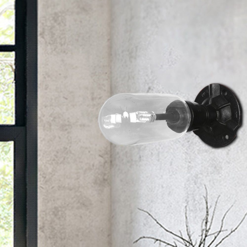 1 Light Wall Lamp Lighting Industrial Capsule Clear Glass Sconce Light Fixture in Black with Pipe Design