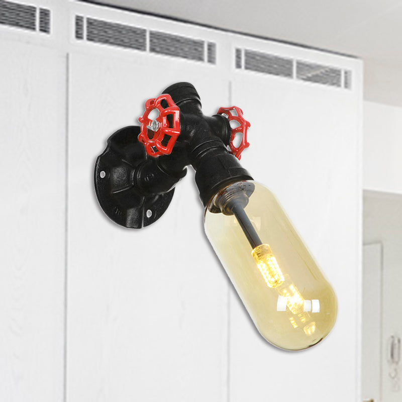 1 Glühbirnenkapsel Lampe Black Industrial Metall und Bernsteinglaswand Montiertes Licht für Innenräume mit Rohr