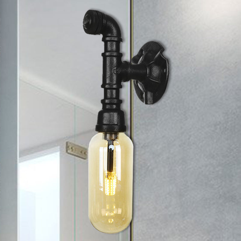 Oval Amber Glass Sconce Lighting Industrial 1 Bulb Corridor Wall Mounted Lamp in Black with Pipe Design