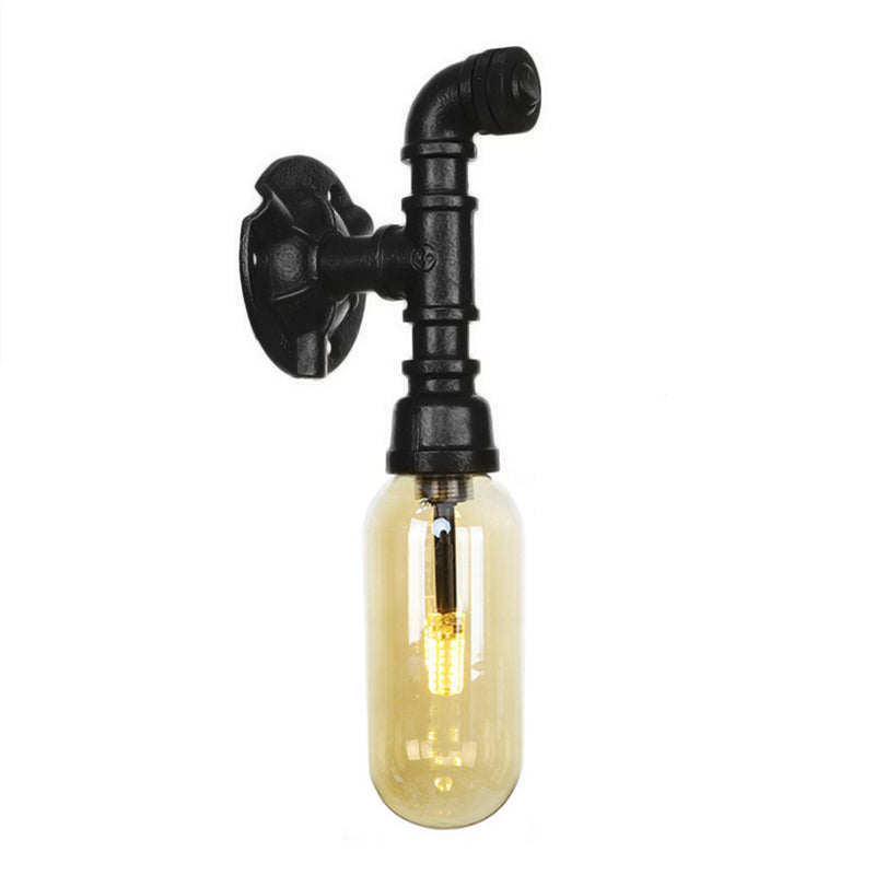 Oval Amber Glass Sconce Lighting Industrial 1 Bulb Corridor Wall Mounted Lamp in Black with Pipe Design