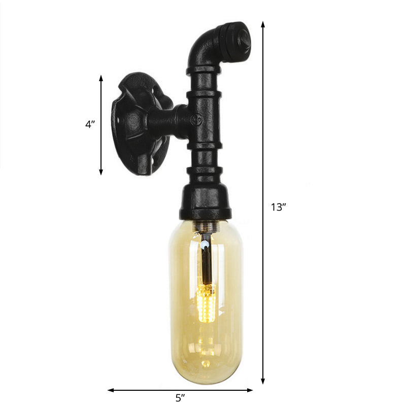 Oval Amber Glass Sconce Lighting Industrial 1 Bulb Corridor Wall Mounted Lamp in Black with Pipe Design