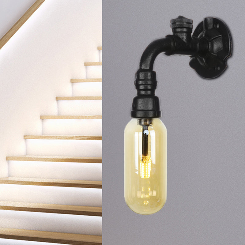 Oval Amber Glass Sconce Lighting Industrial 1 Bulb Corridor Wall Mounted Lamp in Black with Pipe Design