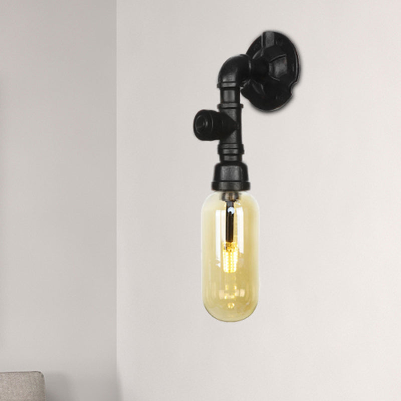 Oval Amber Glass Sconce Lighting Industrial 1 Bulb Corridor Wall Mounted Lamp in Black with Pipe Design