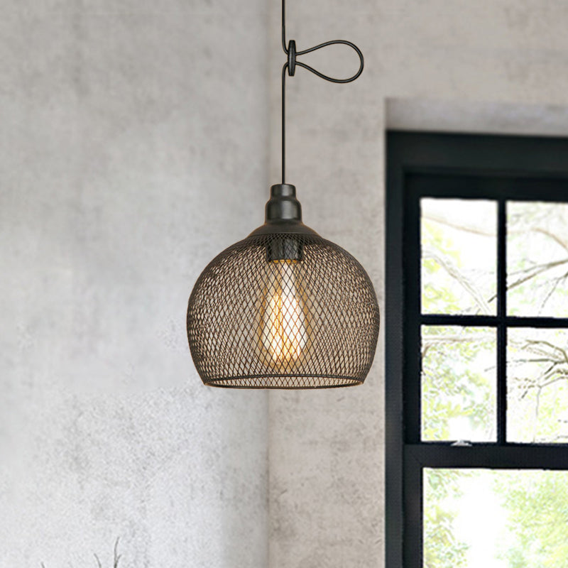 Wire Mesh Metal Pendant Lighting Industrial One Bulb Dining Room Height Adjustable Hanging Lamp in Black