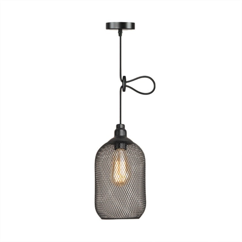 Wire Mesh Metal Pendant Lighting Industrial One Bulb Dining Room Height Adjustable Hanging Lamp in Black