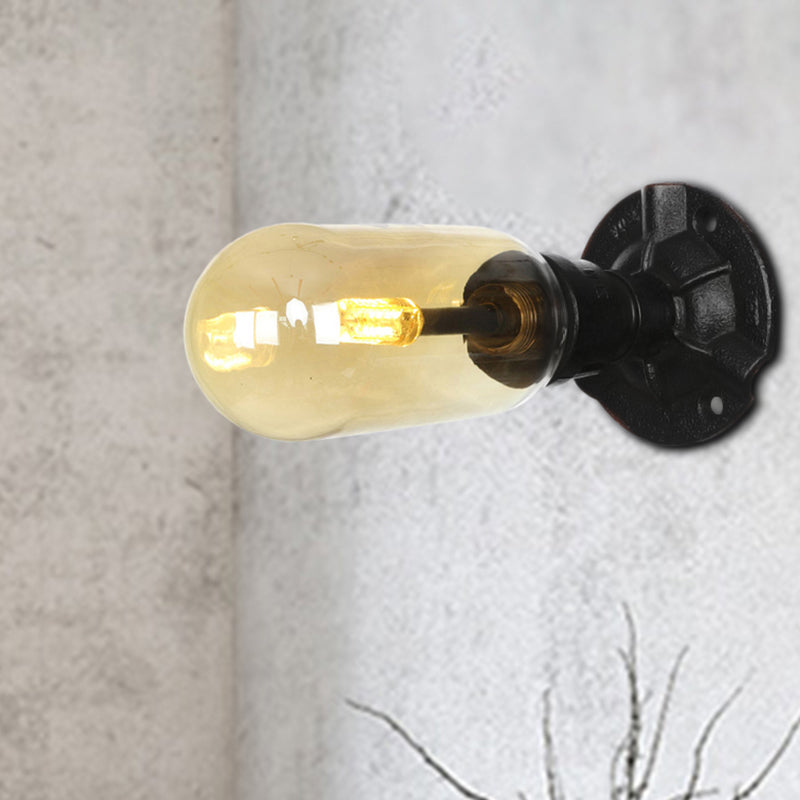 1/2 Bulb Wall Light Capsule Amber Glass Industrial Dining Room Sconce Lighting Fixture in Black with Pipe Design