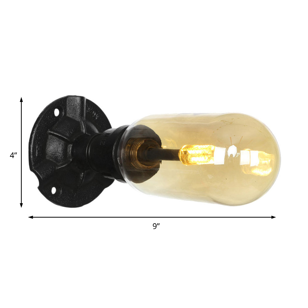 1/2 Bulb Wall Light Capsule Amber Glass Industrial Dining Room Sconce Lighting Fixture in Black with Pipe Design