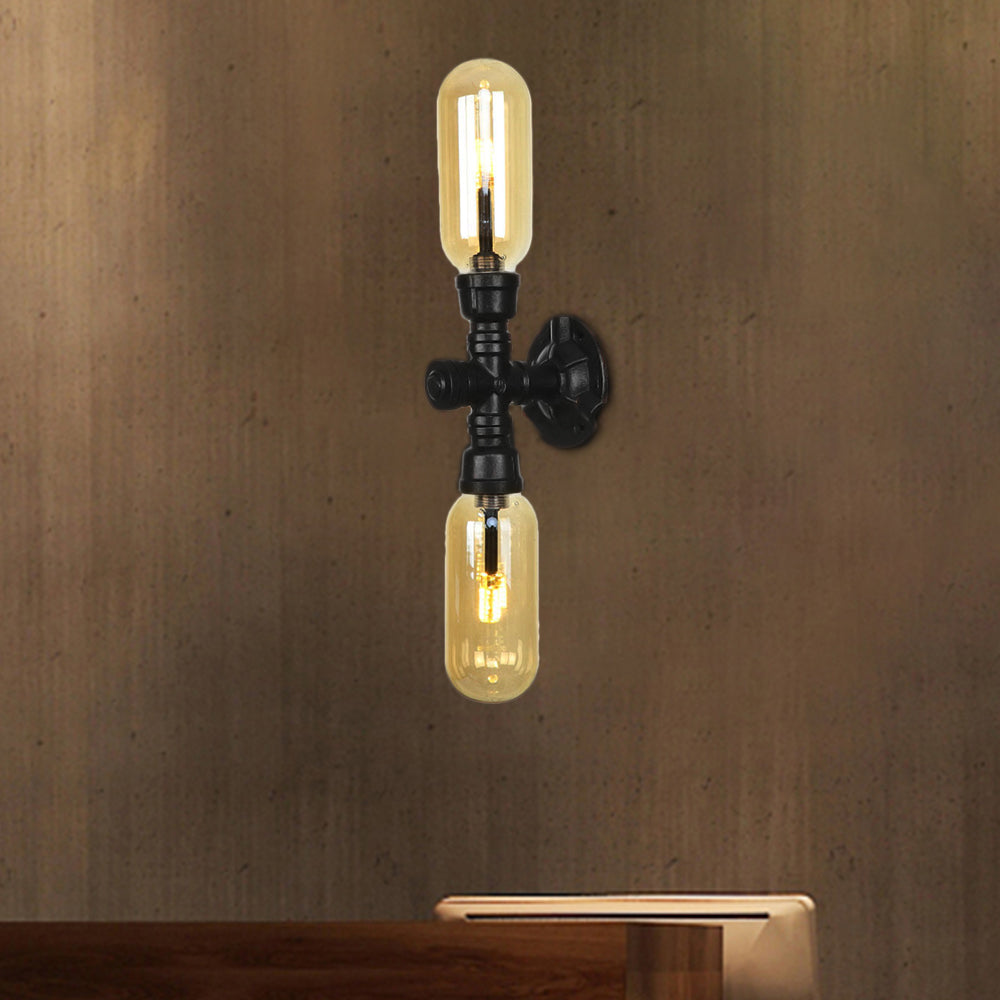 1/2 Bulb Wall Light Capsule Amber Glass Industrial Dining Room Sconce Lighting Fixture in Black with Pipe Design