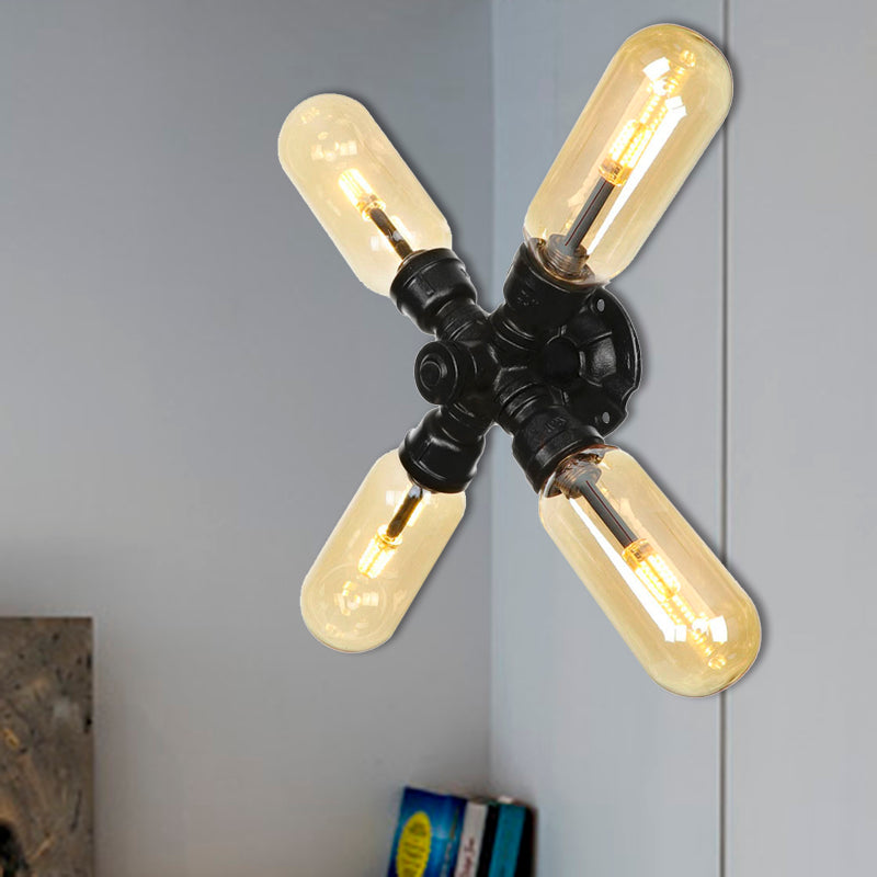 Capsule Living Room Wall Light Fixture Industrial Amber Glass 2/4 Light Black Sconce Lamp with Pipe Design