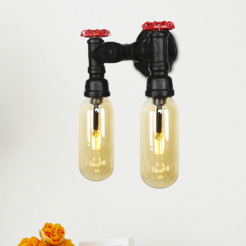 Capsule Living Room Wall Light Fixture Industrial Amber Glass 2/4 Light Black Sconce Lamp with Pipe Design