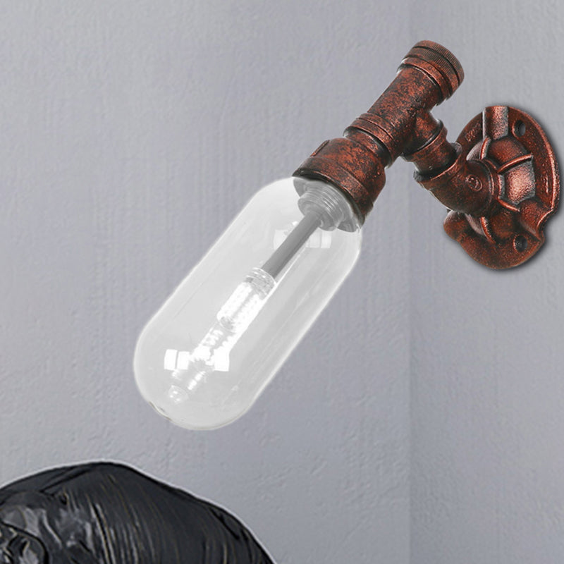 1 Bulb Wall Light Capsule Clear Glass Loft Dining Room Sconce Lighting Fixture in Weathered Copper with Pipe Design