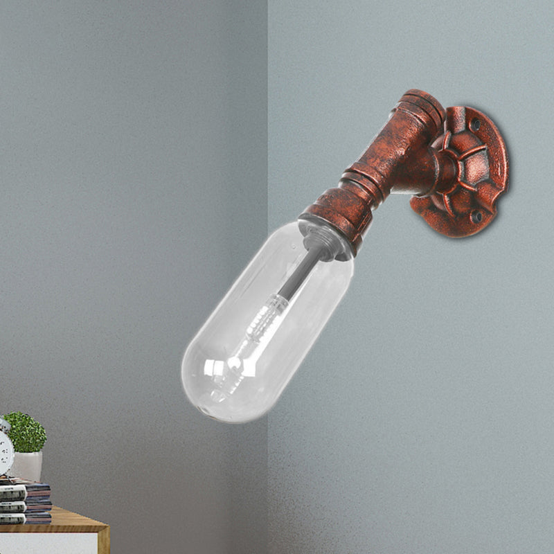 1 Bulb Wall Light Capsule Clear Glass Loft Dining Room Sconce Lighting Fixture in Weathered Copper with Pipe Design