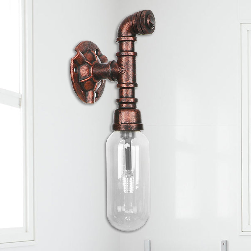 1 Bulb Clear Glass Wall Lighting Industrial Weathered Copper Oval Bedroom Sconce Light Fixture with Pipe Design
