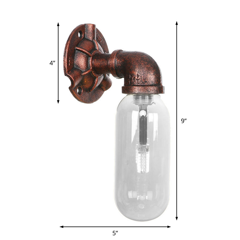1 Bulb Clear Glass Wall Lighting Industrial Weathered Copper Oval Bedroom Sconce Light Fixture with Pipe Design