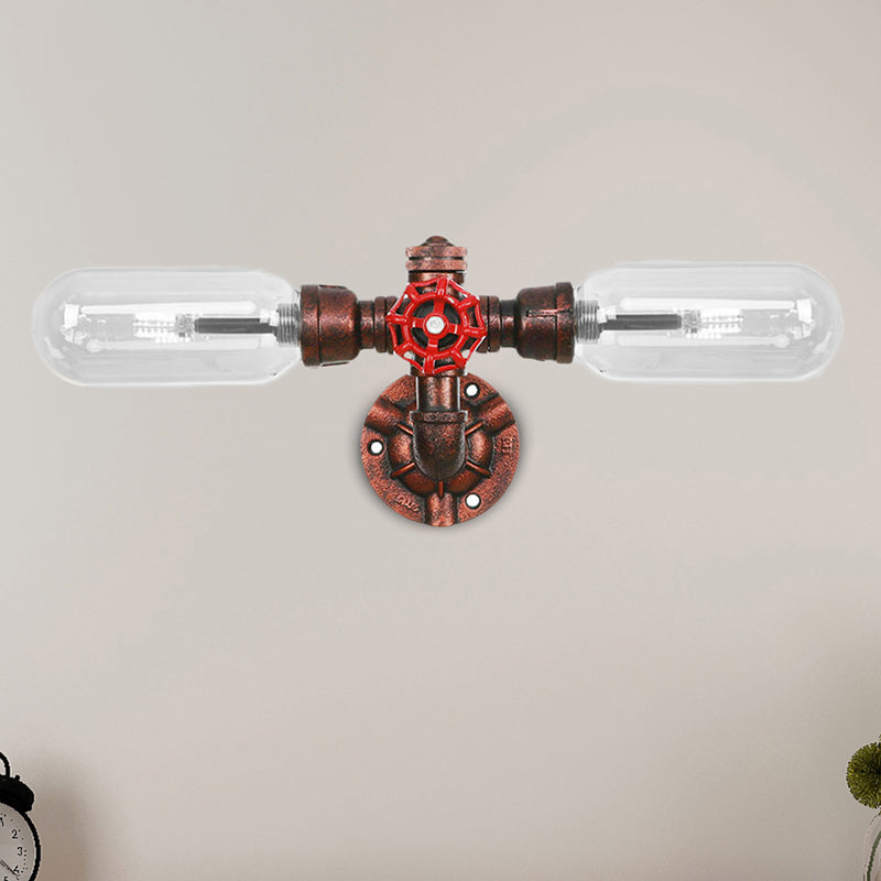 Weathered Copper 2-Light Sconce Light Industrial Clear Glass Oval Wall Lighting Fixture with Pipe Design