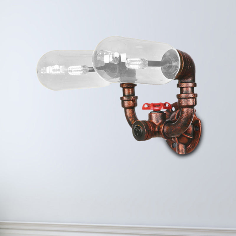 Weathered Copper 2-Light Sconce Light Industrial Clear Glass Oval Wall Lighting Fixture with Pipe Design