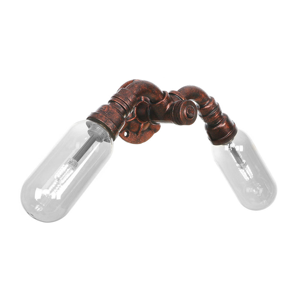 Weathered Copper 2-Light Sconce Light Industrial Clear Glass Oval Wall Lighting Fixture with Pipe Design