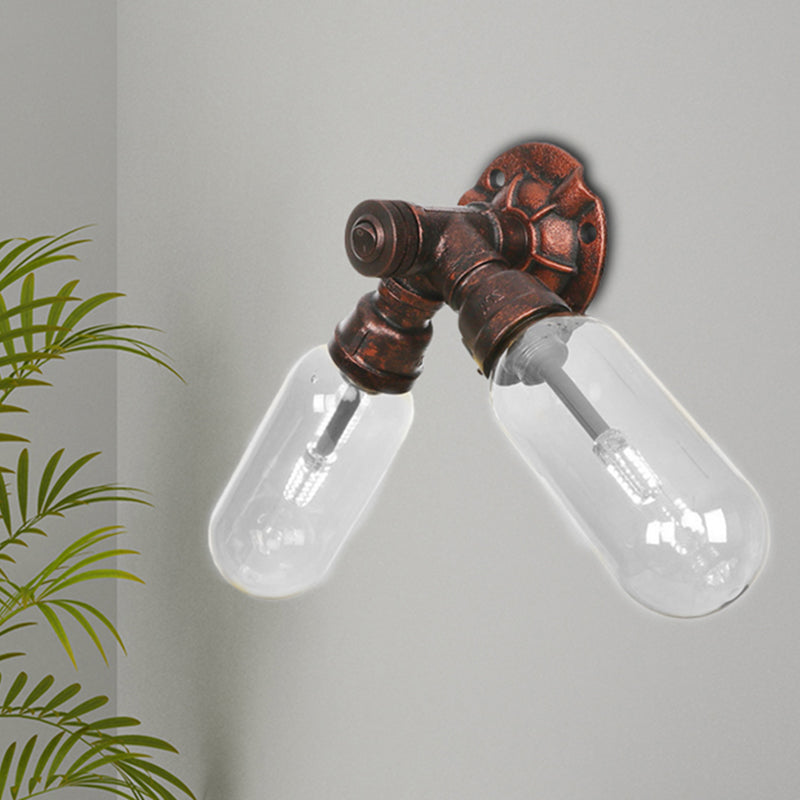 Weathered Copper 2-Light Sconce Light Industrial Clear Glass Oval Wall Lighting Fixture with Pipe Design