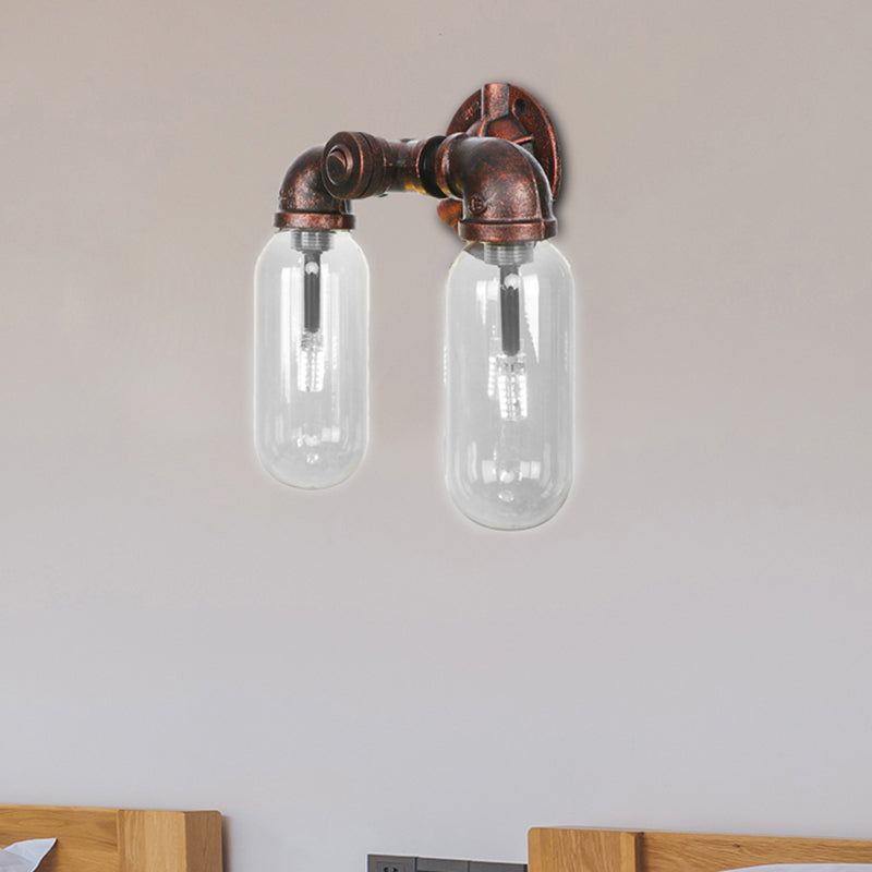 Weathered Copper 2-Light Sconce Light Industrial Clear Glass Oval Wall Lighting Fixture with Pipe Design