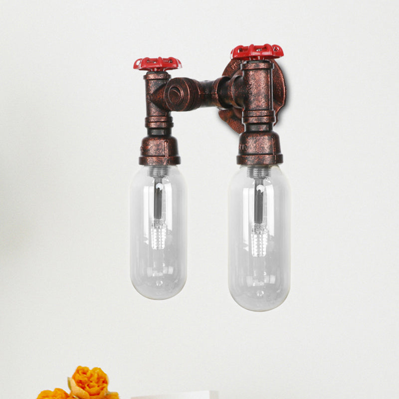 Clear Glass Capsule Sconce Lighting Industrial 2/4 Lights Bedroom Wall Mounted Pipe Light in Weathered Copper