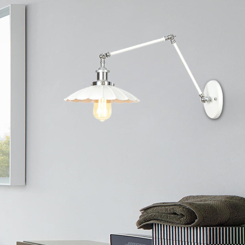 1 Light Wall Lamp Lighting Industrial Cone/Saucer/Wavy Metal Sconce Light Fixture in White with Adjustable Arm