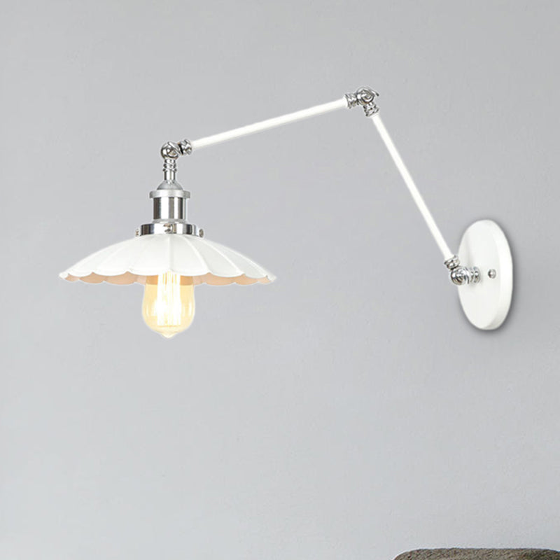 1 Light Wall Lamp Lighting Industrial Cone/Saucer/Wavy Metal Sconce Light Fixture in White with Adjustable Arm