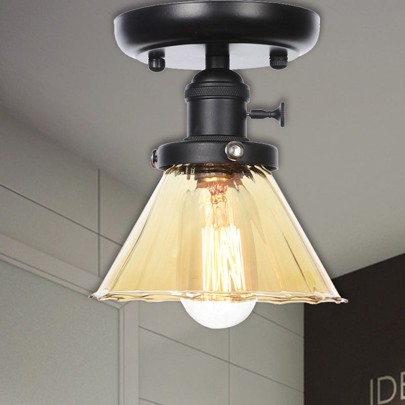 1 Bulb Semi Flush Mount Clear/Amber Glass Industrial Cone/Rhombus/Bell Ceiling Light for Kitchen