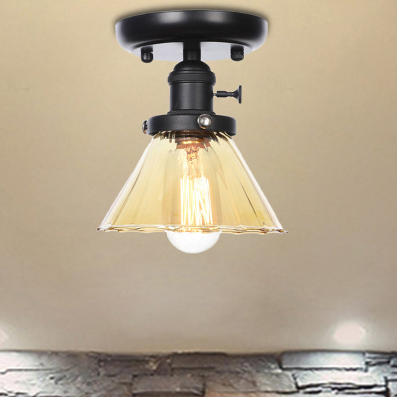 1 Bulb Semi Flush Mount Clear/Amber Glass Industrial Cone/Rhombus/Bell Ceiling Light for Kitchen